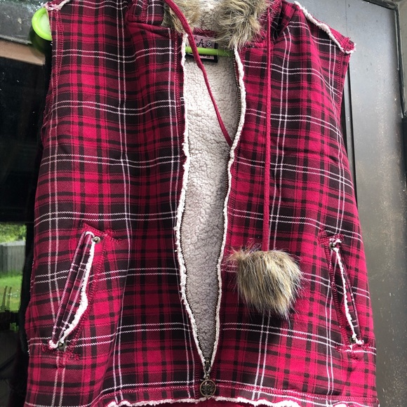 La Kitty Plaid Wool Blend Faux Fur Hoodie Jacket - Picture 3 of 13